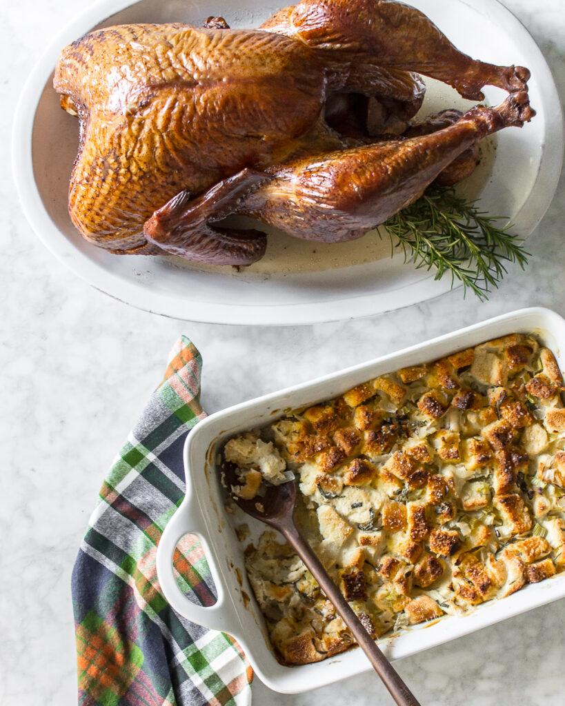 Savory Cornbread Pudding with Leeks, Bacon and Sage