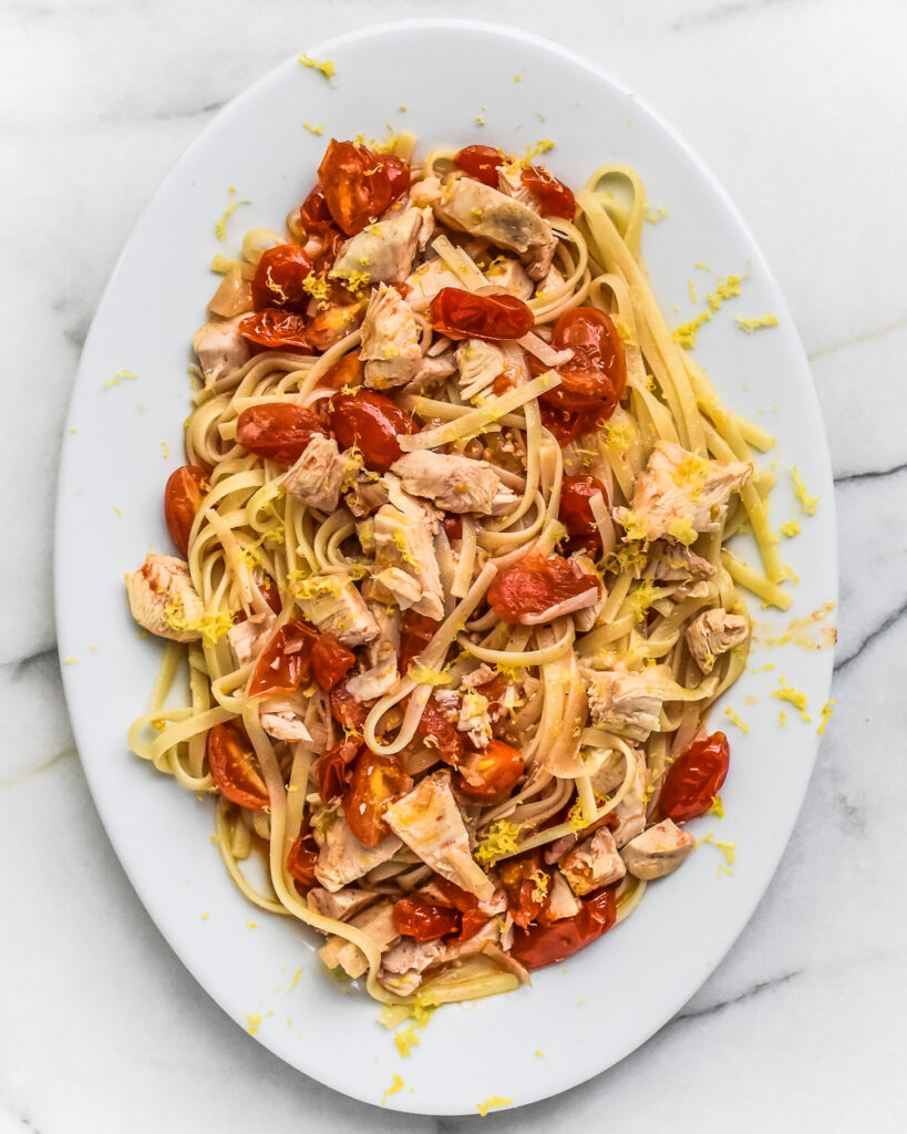 Linguine with Roasted Chicken, Tomatoes and Garlic Oil