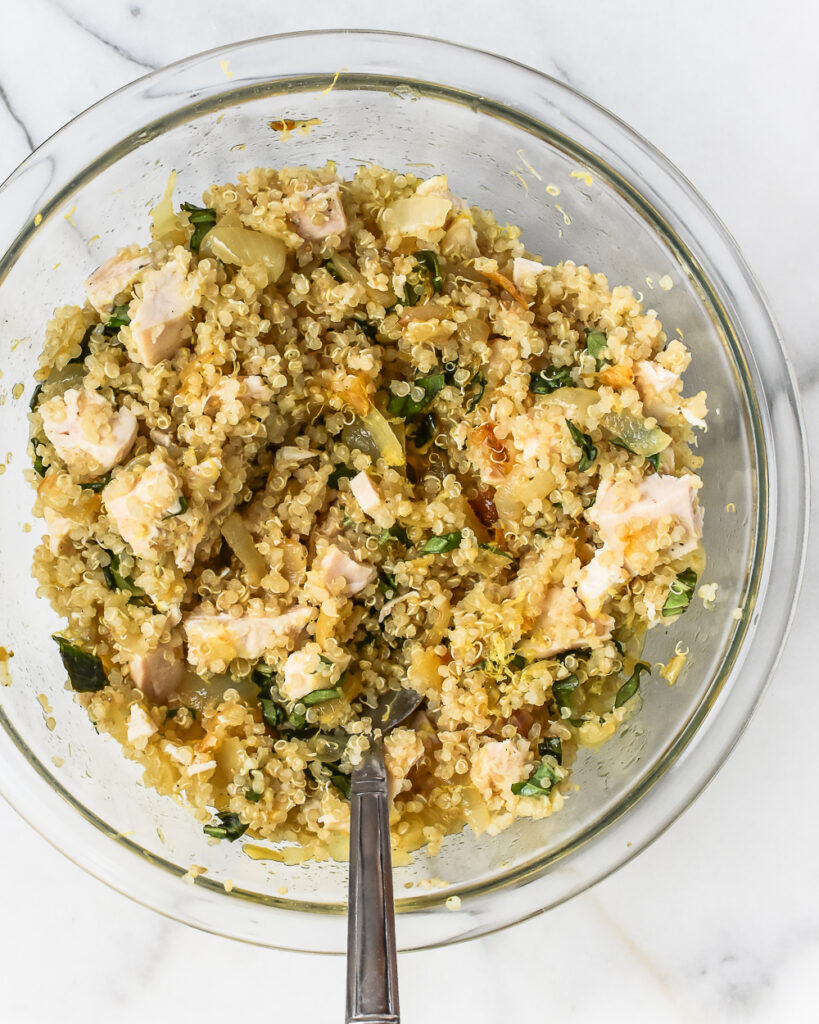 Caramelized Onion and Basil Quinoa Salad with Roasted Chicken