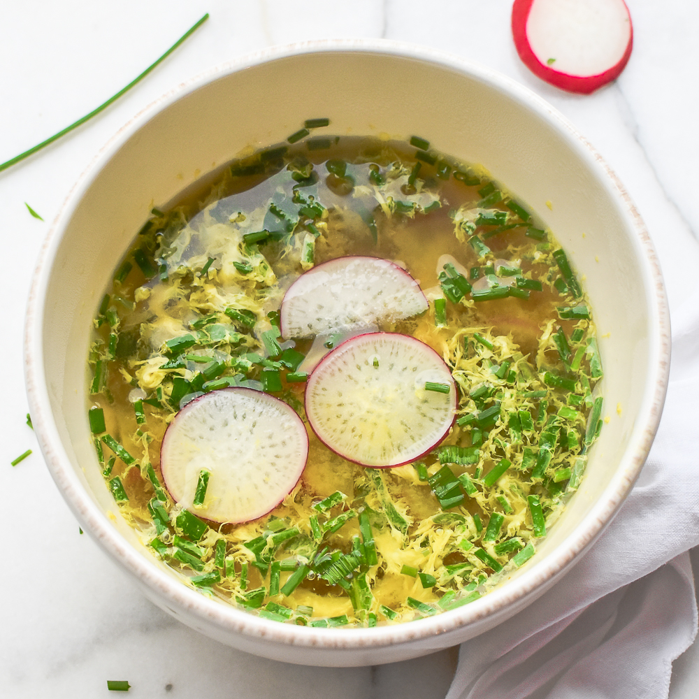 Egg White Drop Soup with Arugula, Chives and Radishes