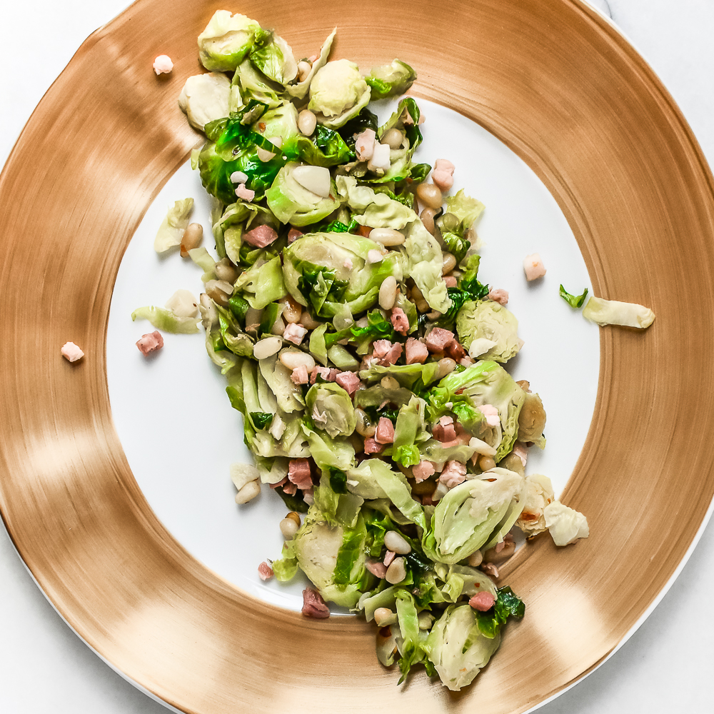 Skillet Brussels with Pancetta and Pine Nuts