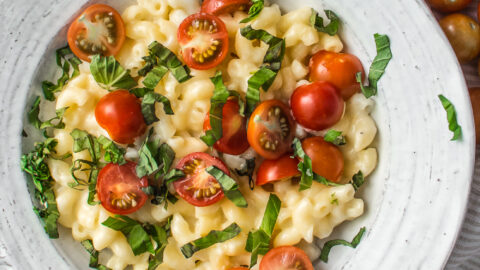 Macaroni and Cheese with Cherry Tomatoes and Basil