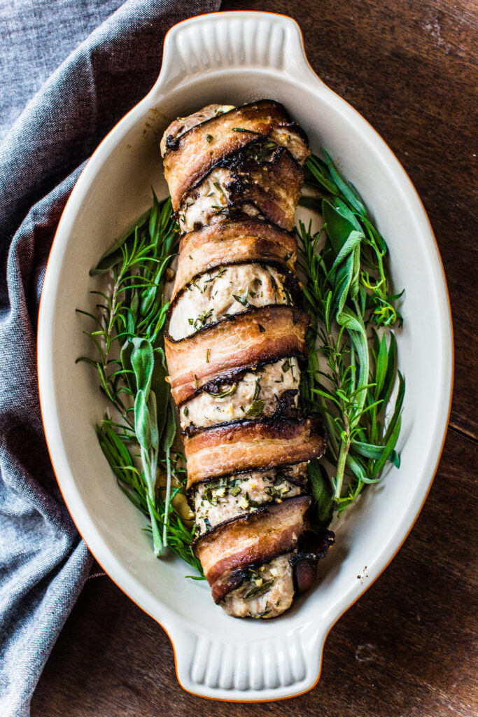 Bacon Wrapped Herbed Pork Tenderloin