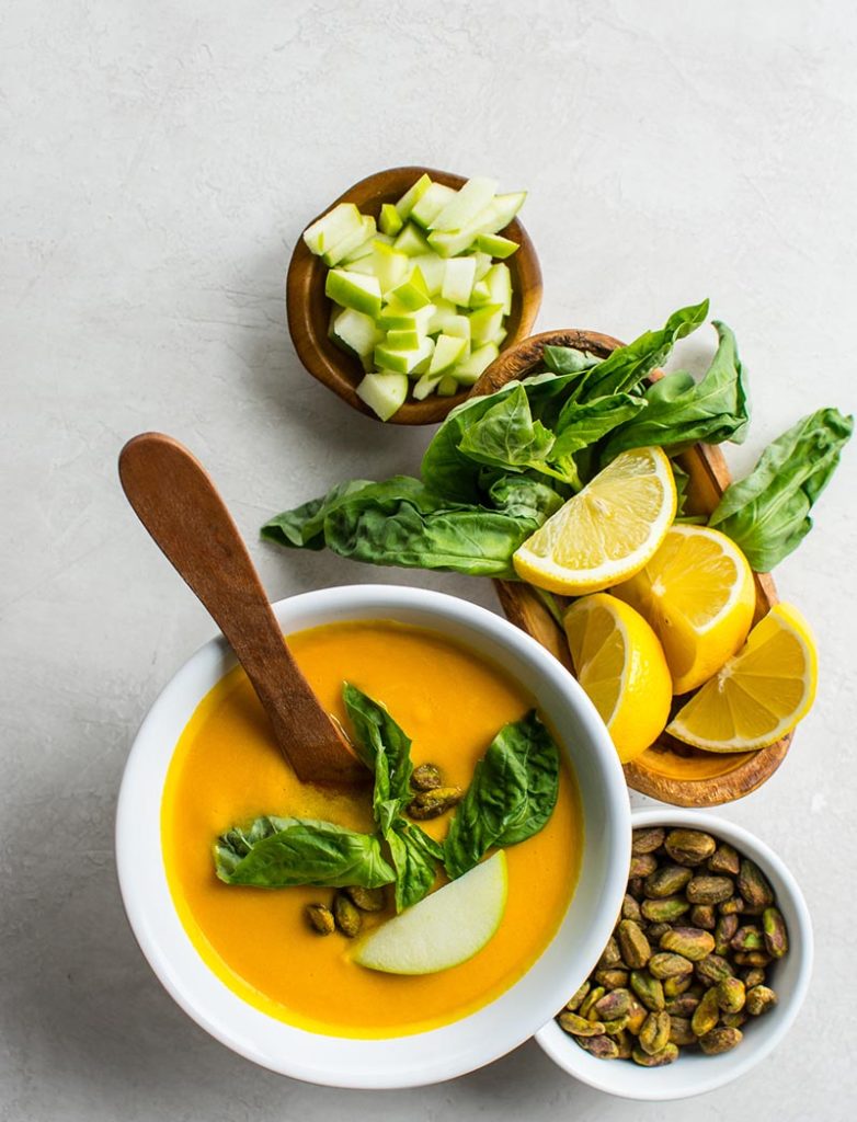 Carrot Ginger Blended Soup with Green Apples, Pistachios and Basil