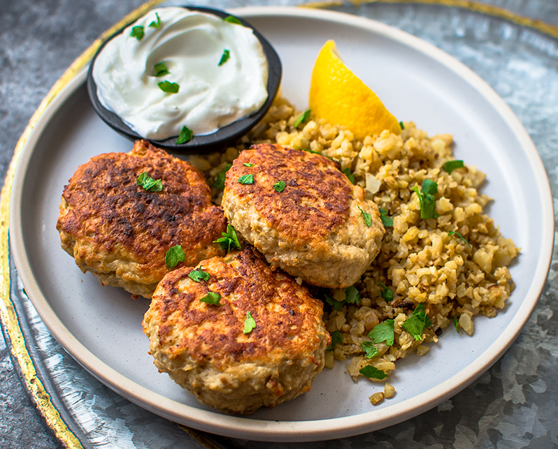 Sheet Pan Mediterranean Turkey Patties with Spiced Cauliflower Rice