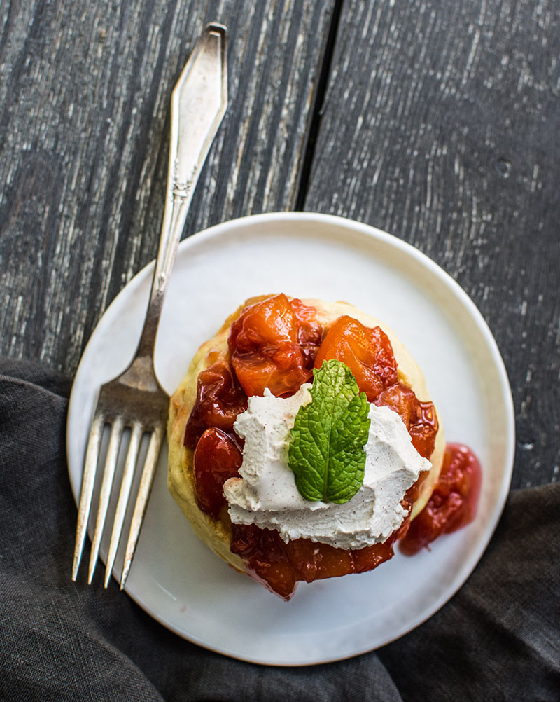 Pancakes with Simmered Peaches and Whipped Cinnamon Crème Fraîche