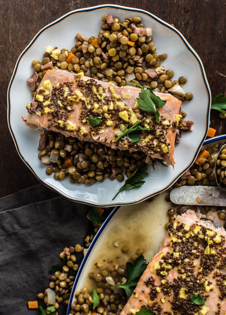 Ginger Mustard Salmon with Green Lentils
