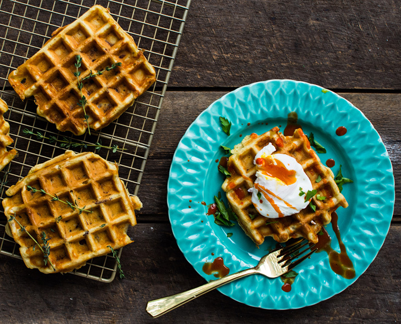 Bacon and Gruyere Savory Waffle with Poached Egg