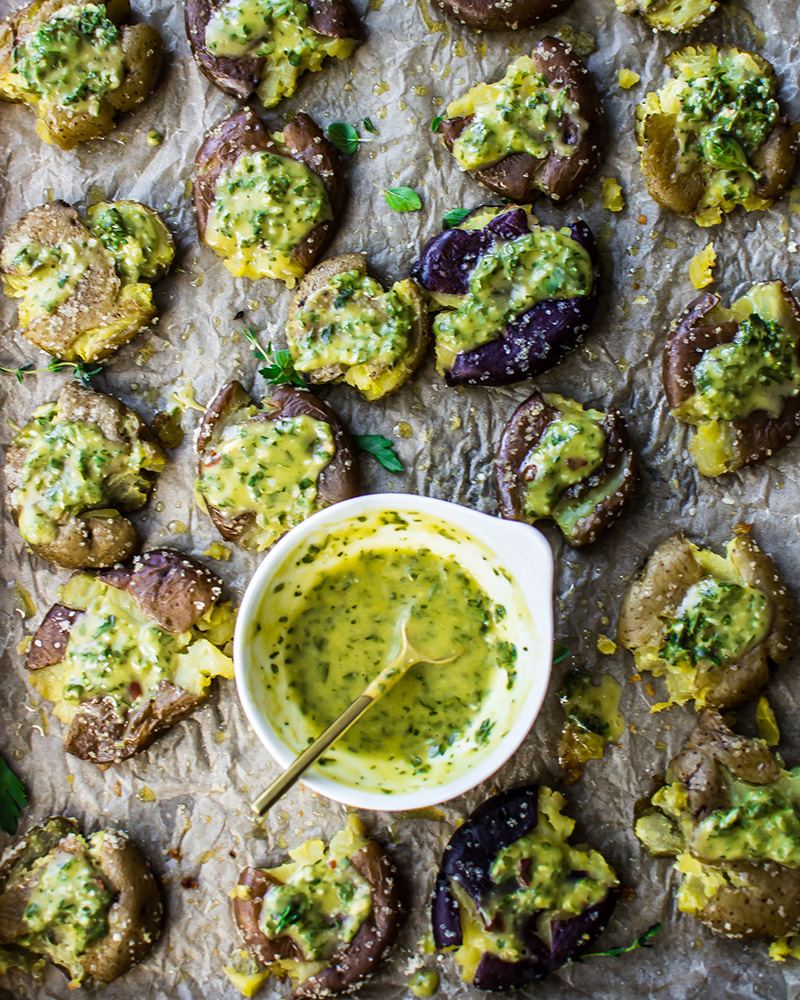 Crispy Smashed Potatoes with Chimichurri Sauce