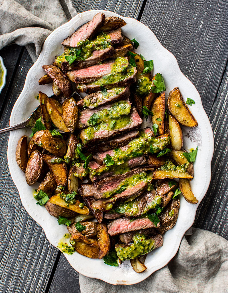 America’s Test Kitchen  |  New York Strip Steaks with Crispy Potatoes and Parsley Sauce