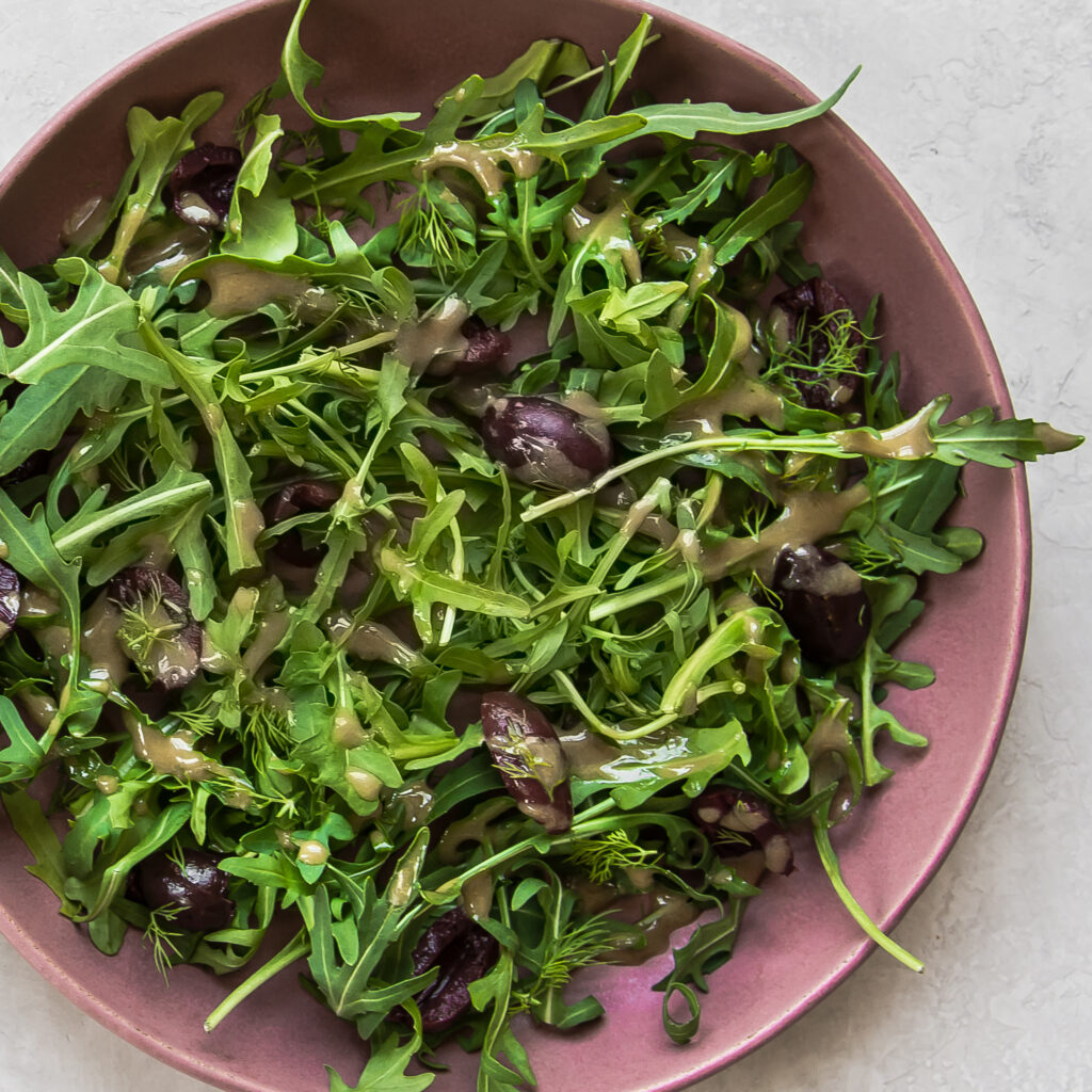 Arugula Olive Salad with Tahini Dressing