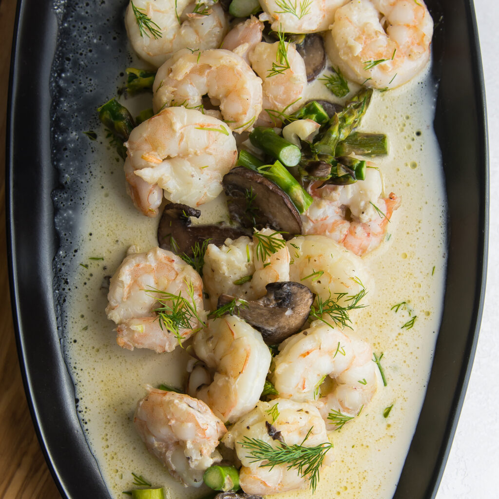 One-Pan Creamy Shrimp and Asparagus with Mushrooms and Herbs